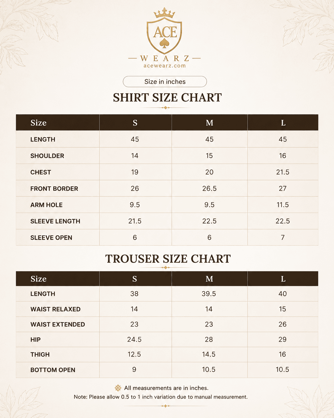 Ace Wearz Size Chart